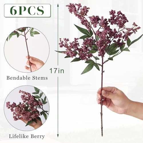 Set of 6 Dusty Plum Artificial Nandina Berry Stems – 17″ Realistic Faux