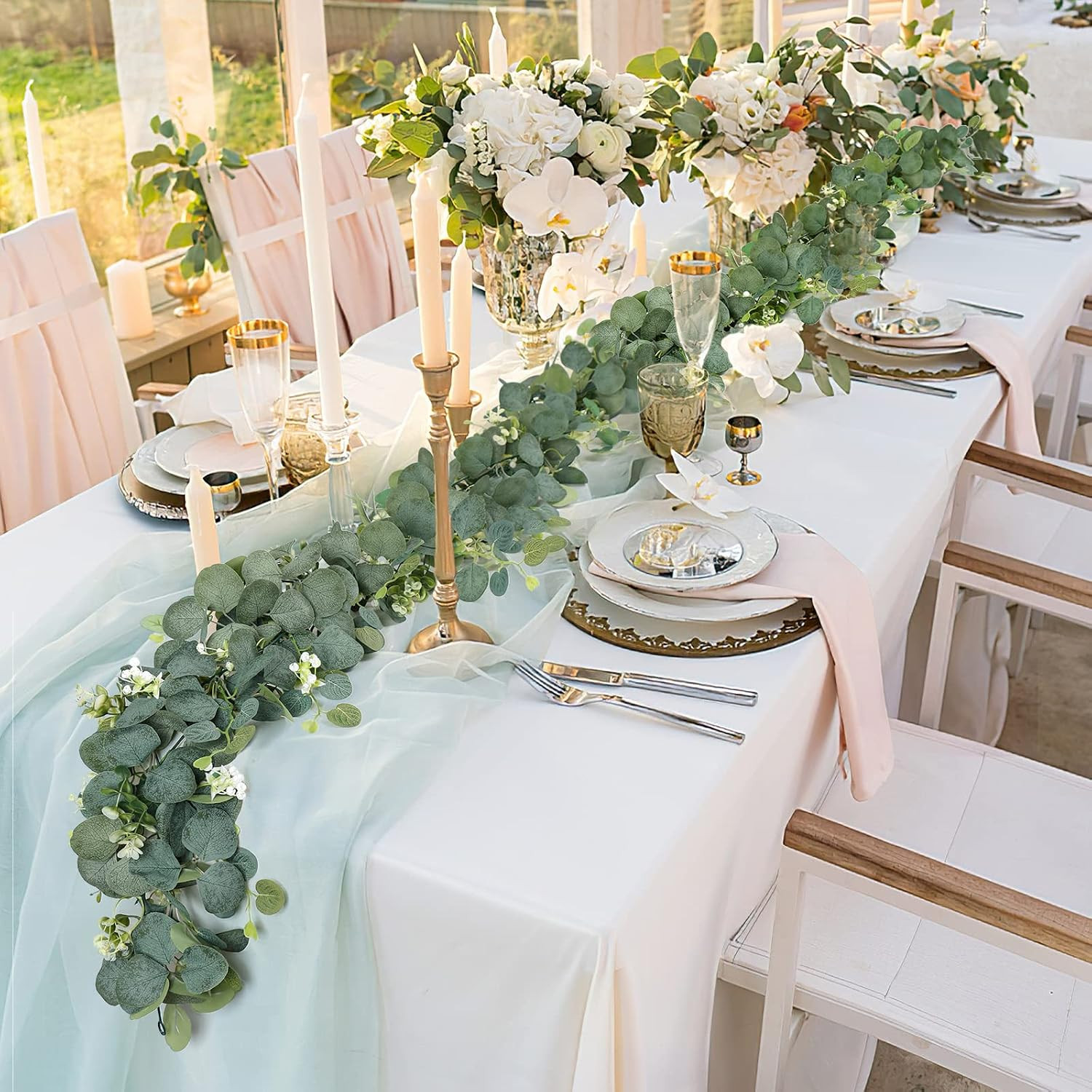 4 PCS Faux Eucalyptus Garland 5.9FT with White Flowers for Home & Wedding Decor
