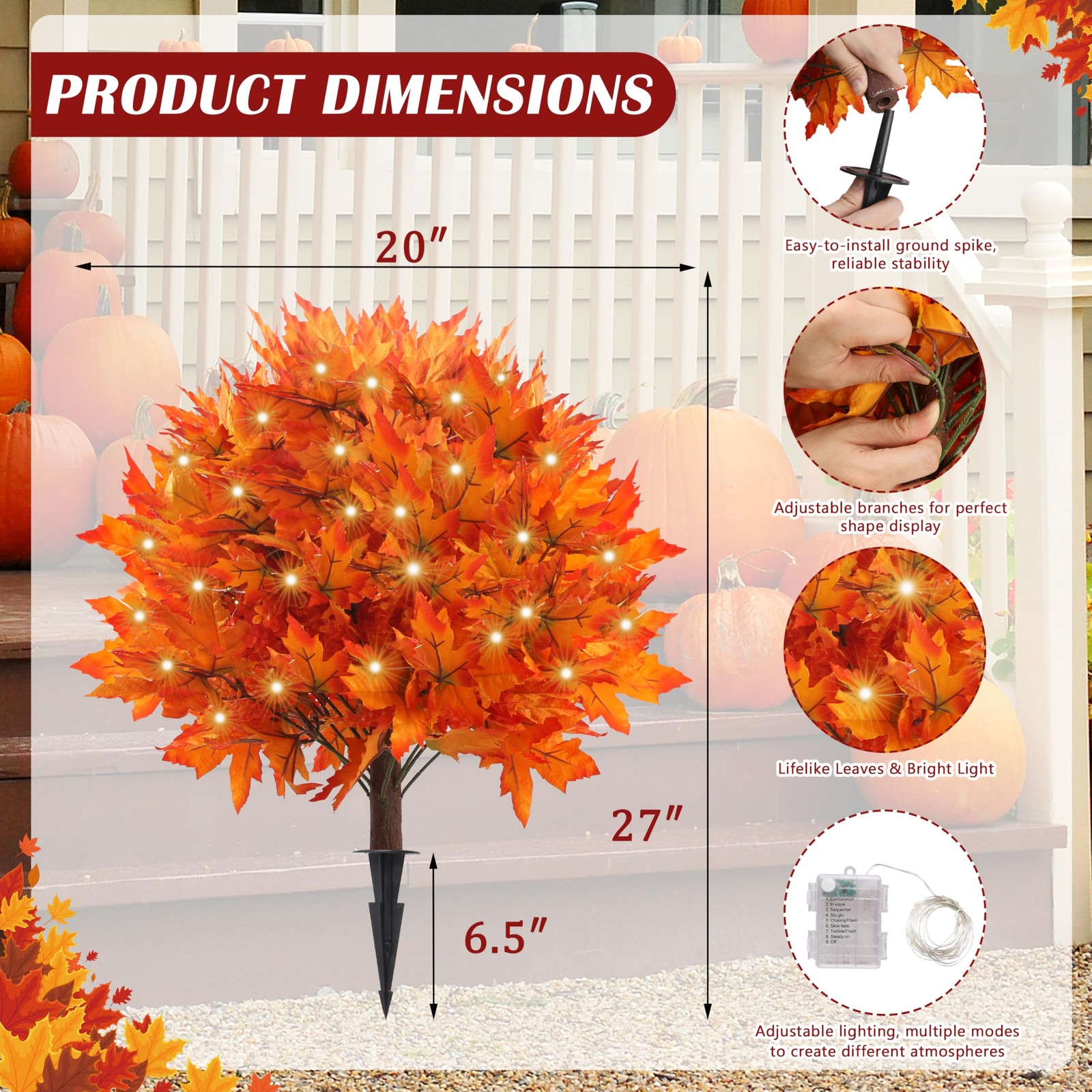 27″ Set of 2 Artificial Maple Topiary Trees with 100 Lights, Fall Decor Maple…