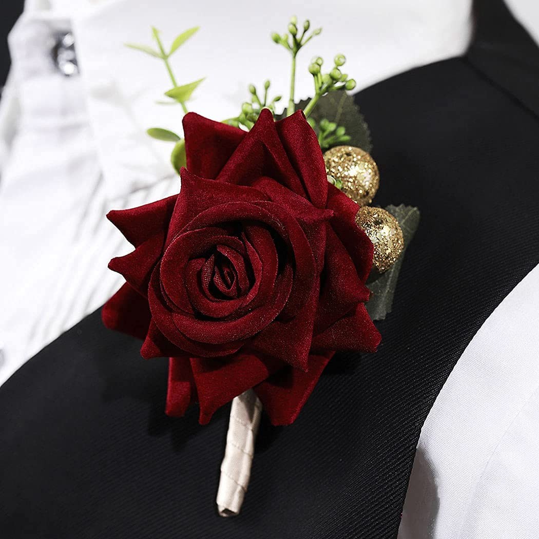 Wedding Flower Boutonniere Groom Rose Buttonholes Prom Suit Decor Red Wine