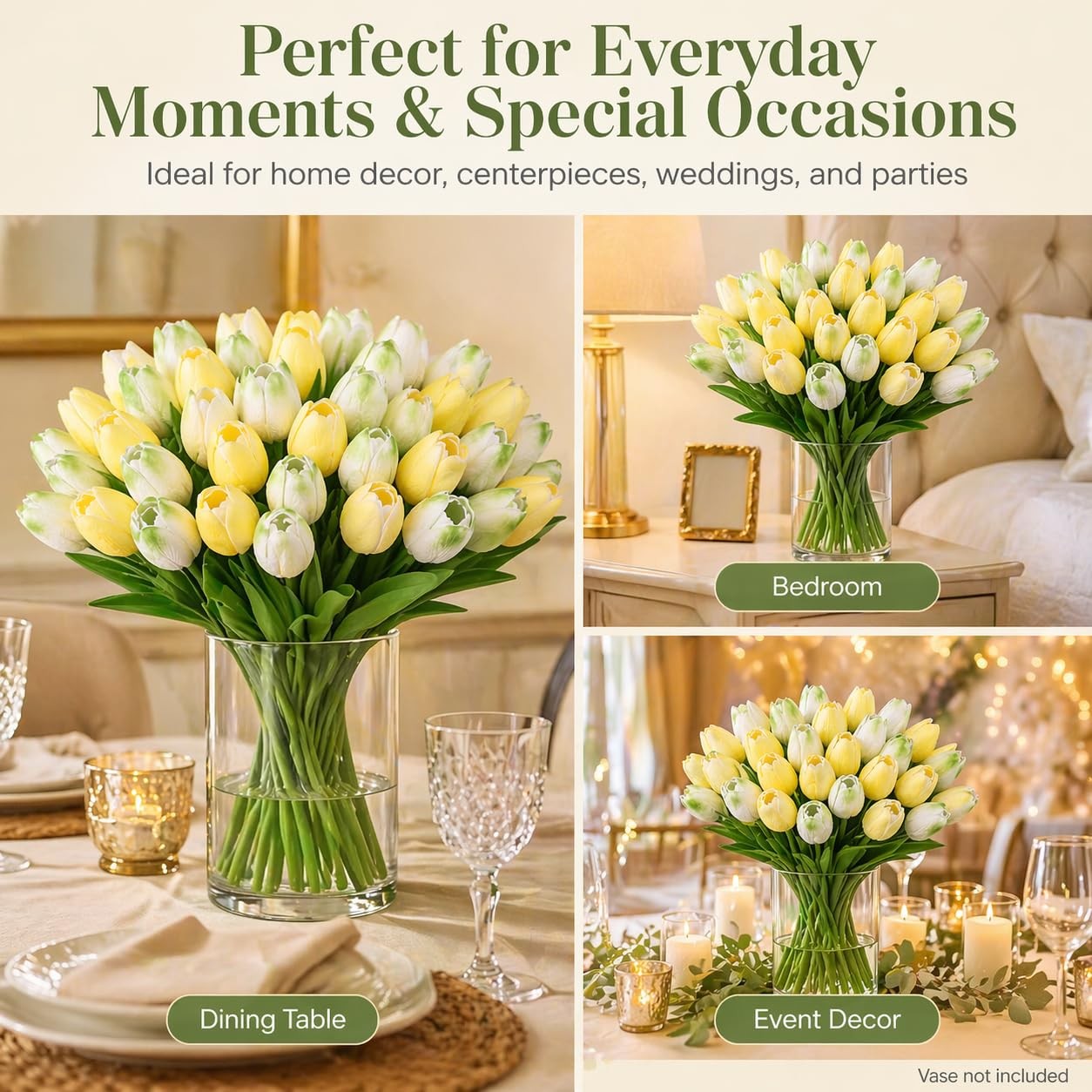 30 PCS Artificial Tulip Flowers 13.7 Inch Real Touch Mix Green Decor