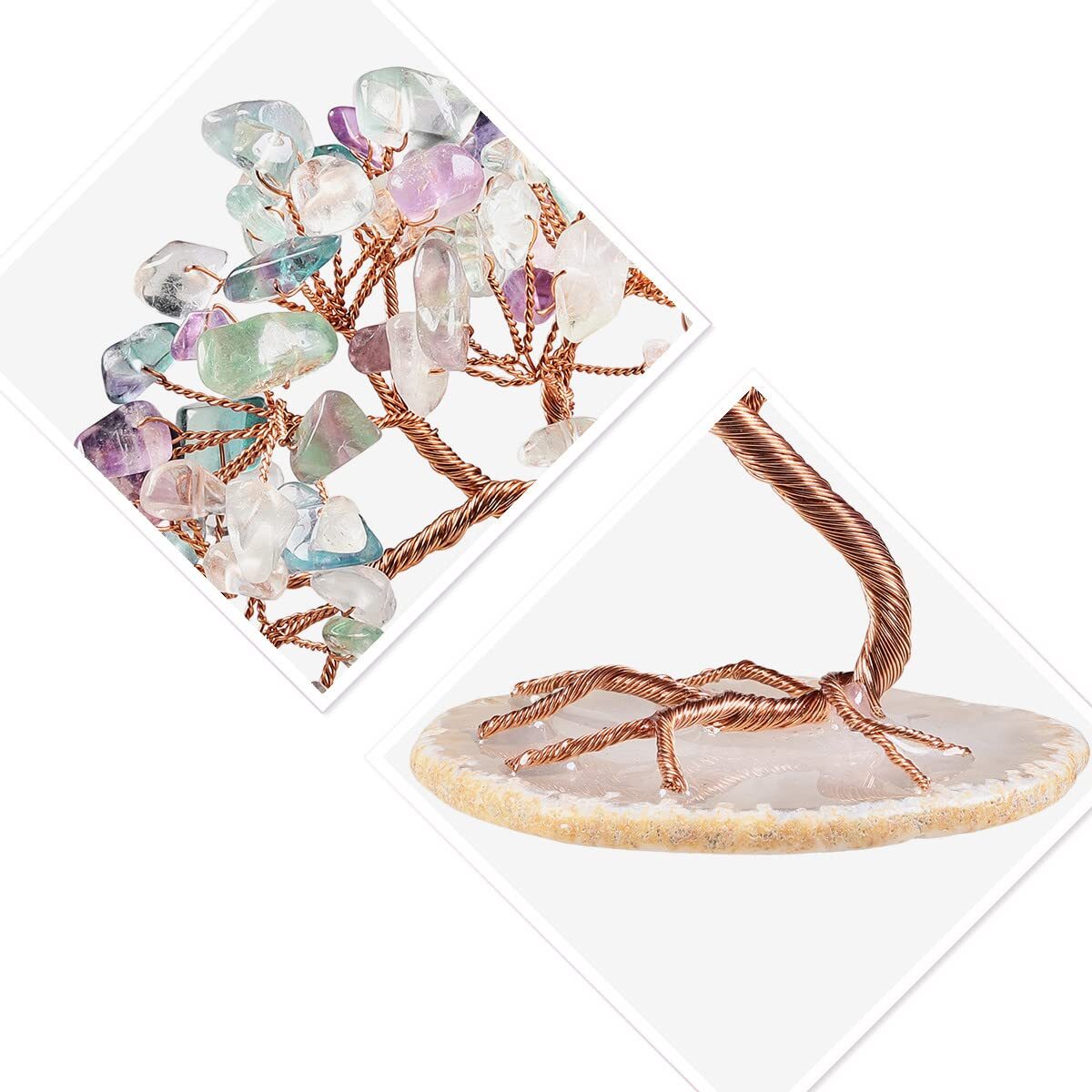 3-4″ Copper Wire Healing Crystal Money Tree for Good Luck Agate Slice Base Bo…