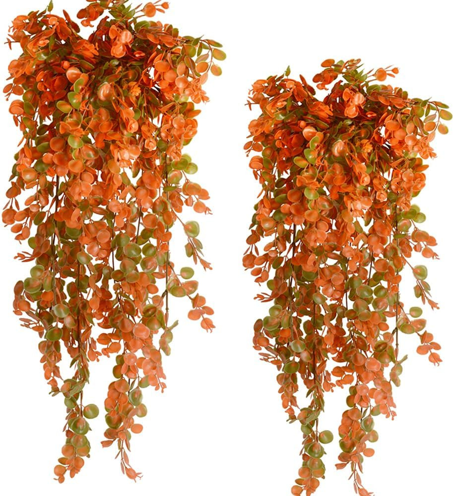 2pcs Artificial Hanging Fall Plants Fake Hanging Plant Faux Eucalyptus Leaf Gree