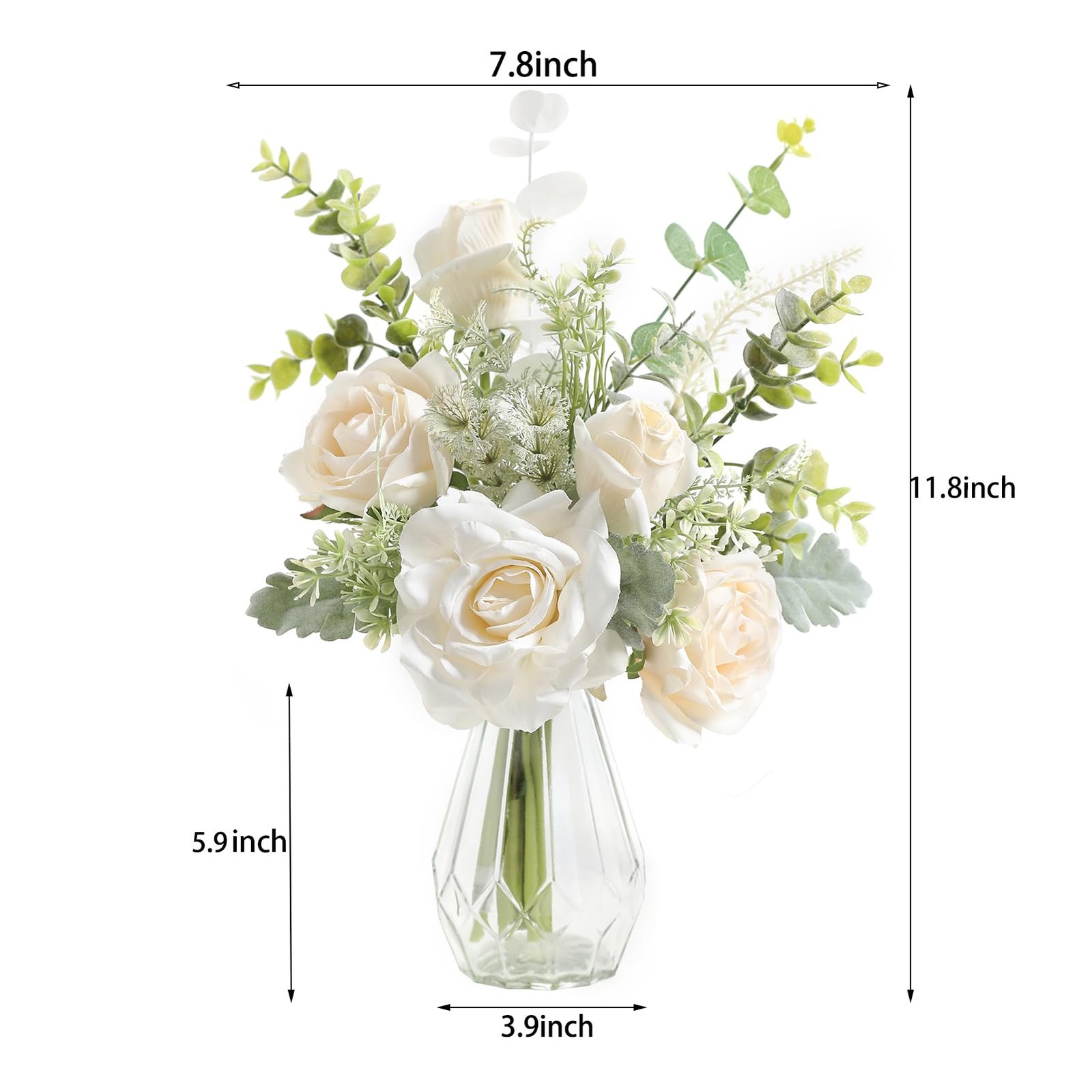White Silk Roses Eucalyptus In Vase Artificial Flower Arrangement Home Decor
