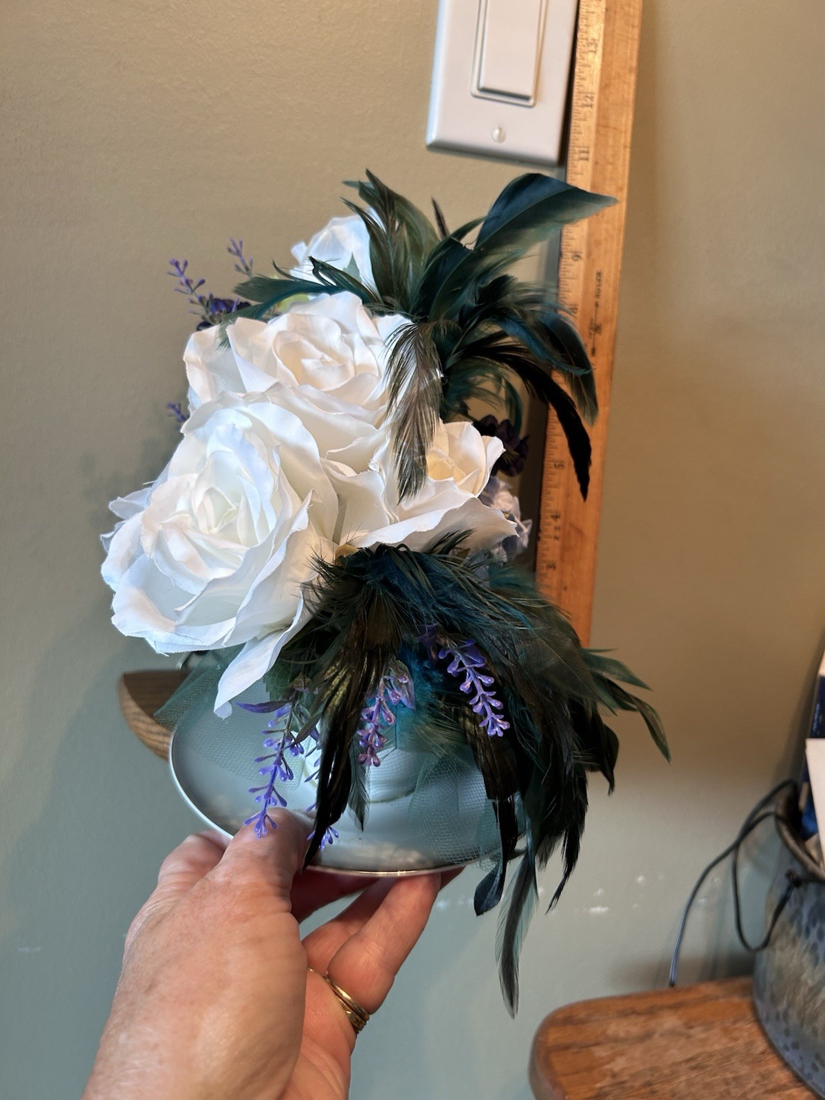 floral Tea Cup large white roses, lavender sprigs & Teal feathers