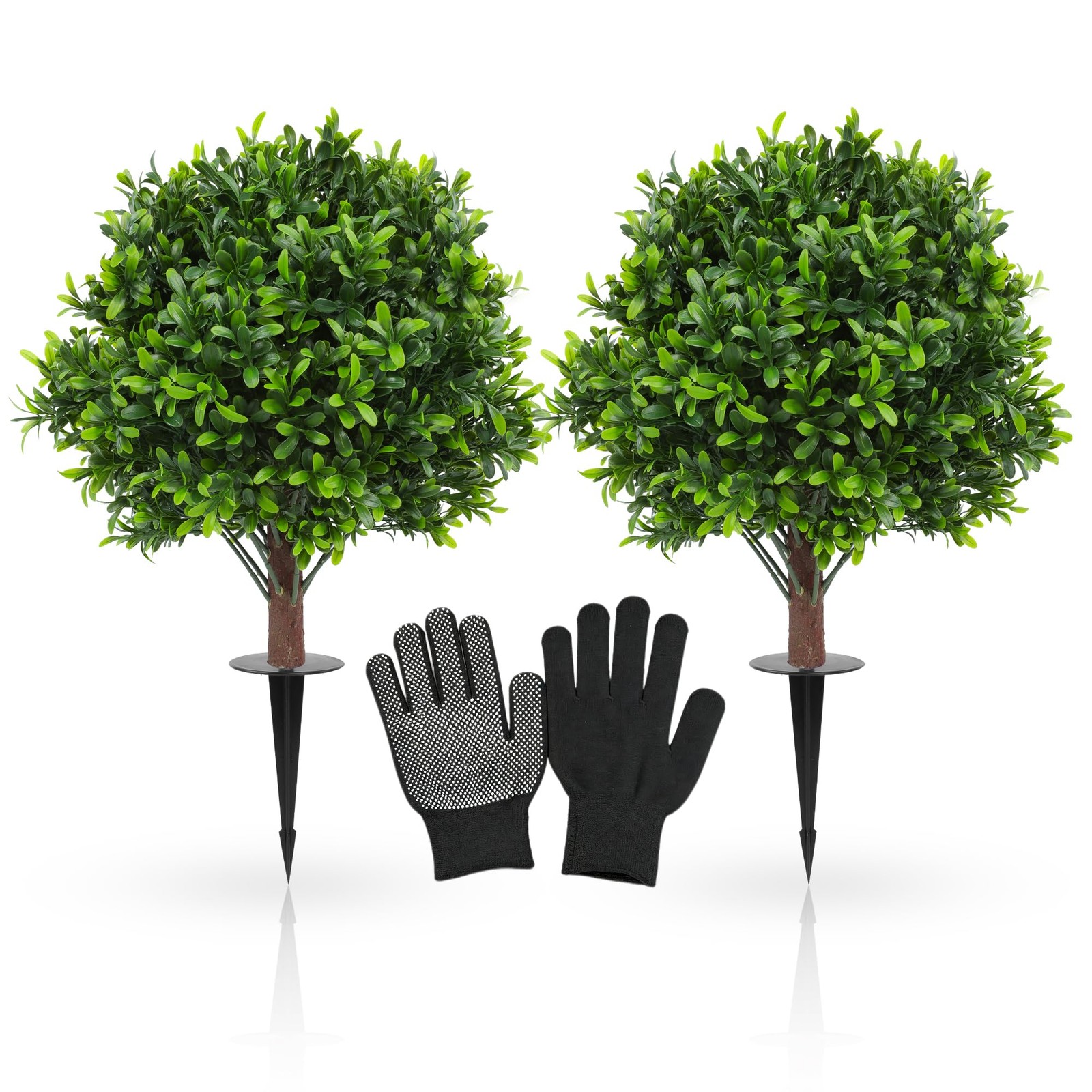 Set of 2 Artificial Boxwood Topiary Ball Trees with Ground Spike, 26 Inches U…