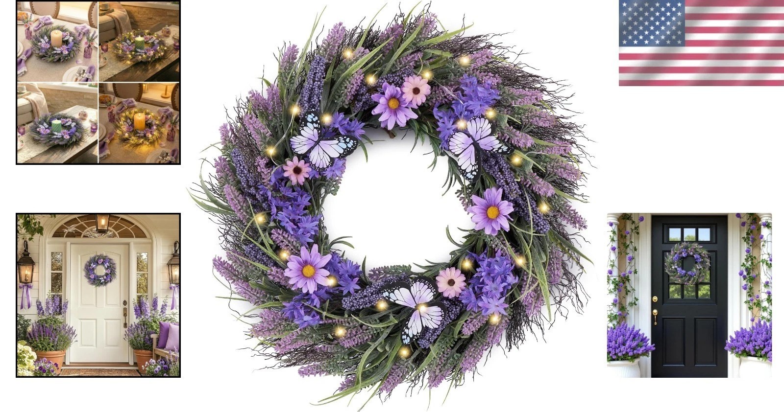 Spring Summer 24” Wreath with Warm LED Lights & Realistic Butterfly Accents