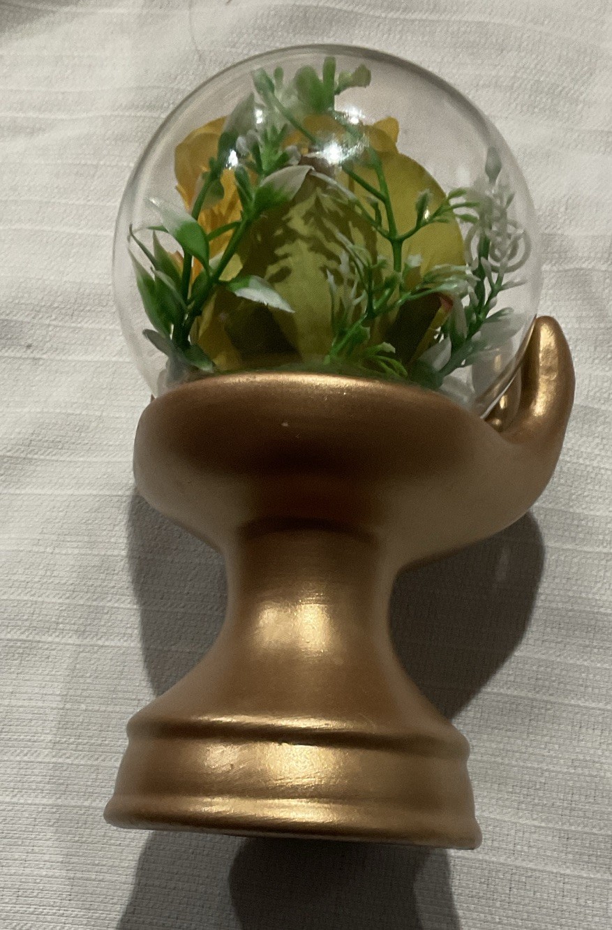 Artificial Yellow Rose Flower Arrangement in Glass Globe with Gold Hand Stand