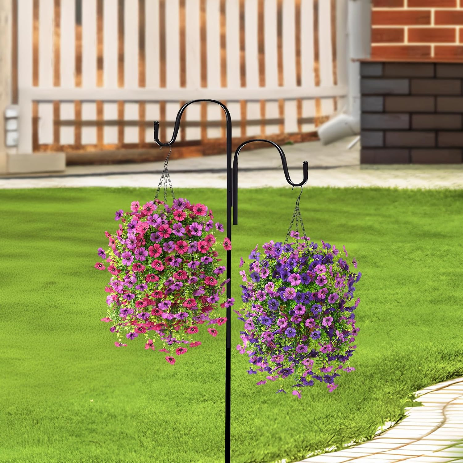 UV Resistant Faux Hanging Flowers Baskets for Outdoor Spring Decor – Mix Purple