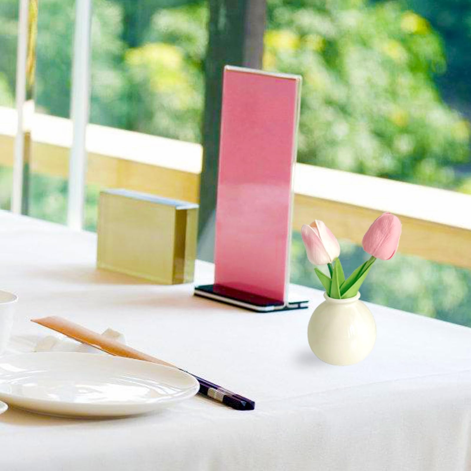 Artificial Tulip Flowers,Table White Ceramic Vase Pink Green Leaf Dried Flowe…