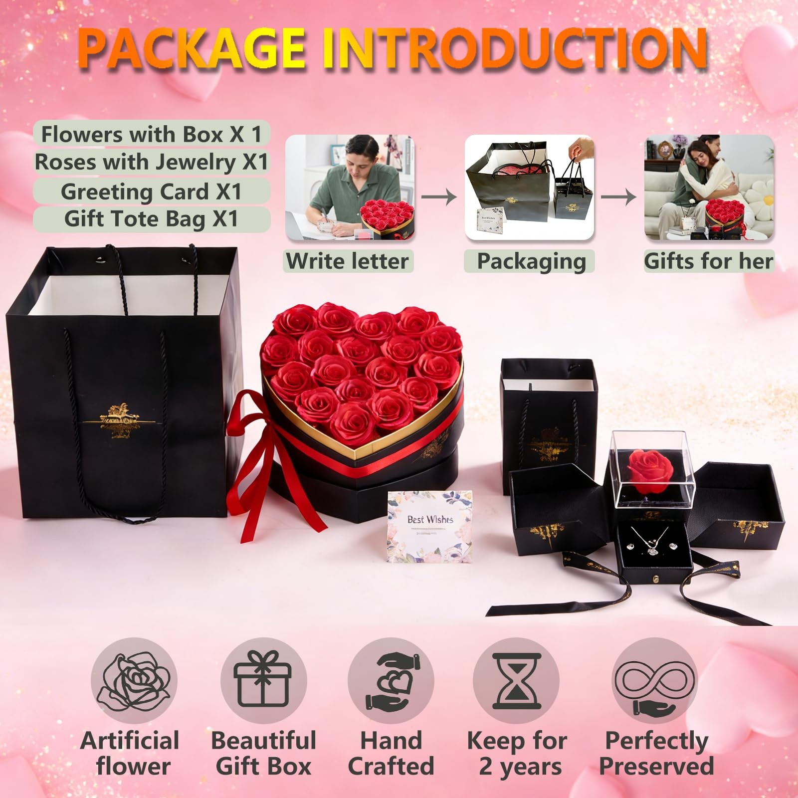 Artificial Forever Preserved Flowers & Preserved Roses with Necklace Ring Ear…