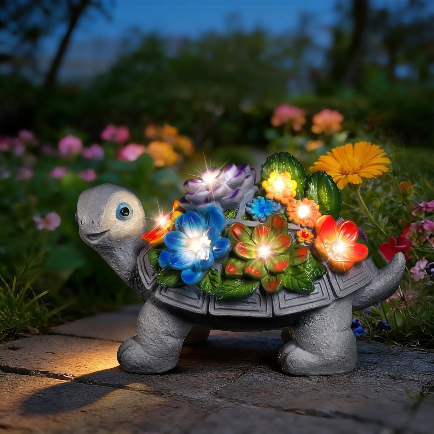 Solar Turtle Garden Statue Outdoor Decor Succulent LED Lights Yard Art Ornament
