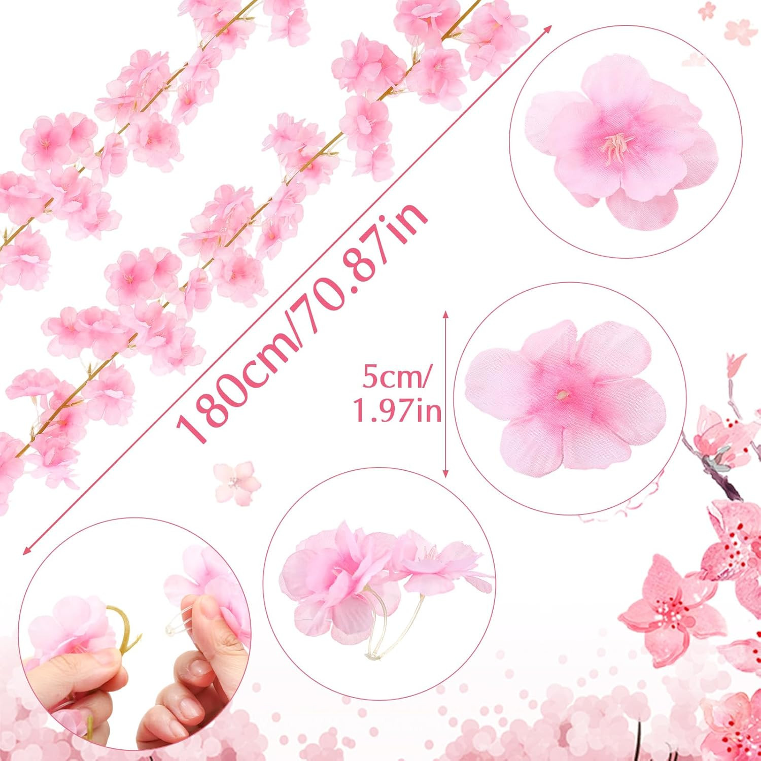 8 PCS 47.2Ft Artificial Cherry Blossom Garland Pink Sakura Flower Vines Hanging