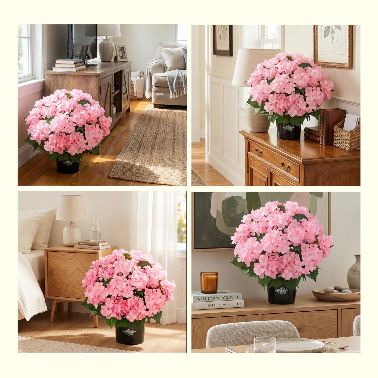 2 Potted Pink Hydrangea Artificial Flowers, Faux Hydrangea Outdoor