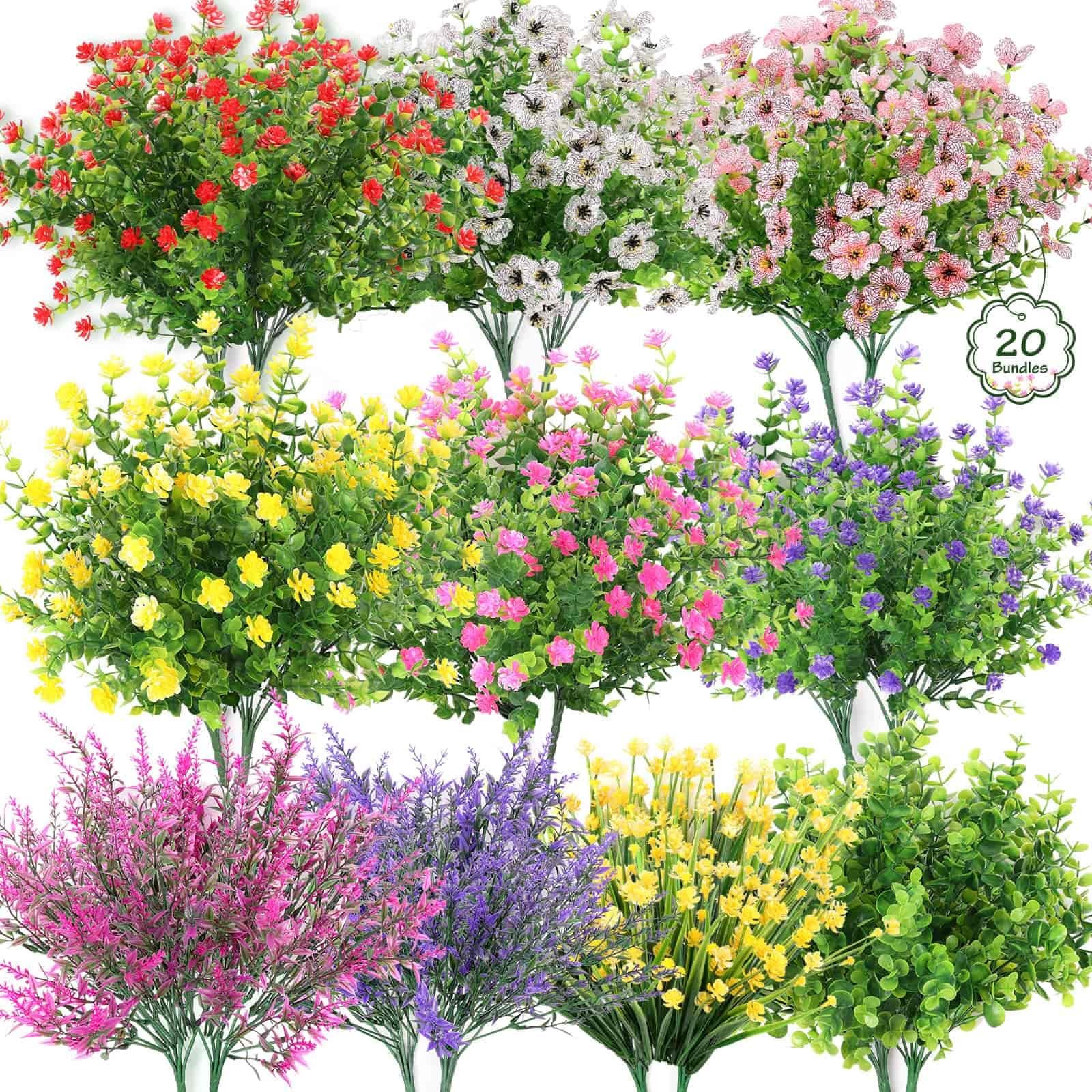 20 Bundles Realistic Artificial Flowers for Outdoors, UV Resistant No Fade Fa…