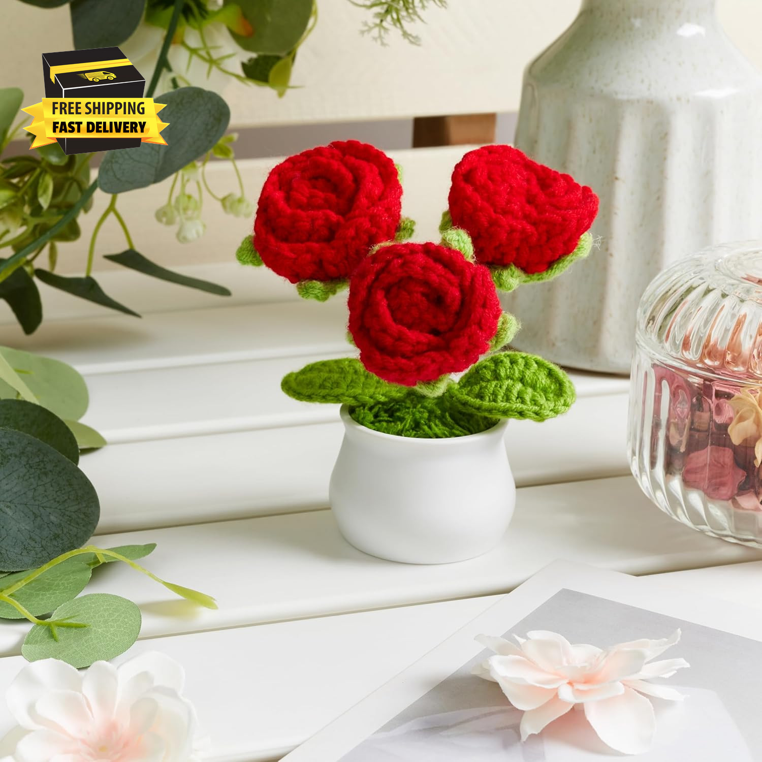 Crochet Flowers Red Roses Mini Potted, Handmade Red Rose Anniversary Appreciatio
