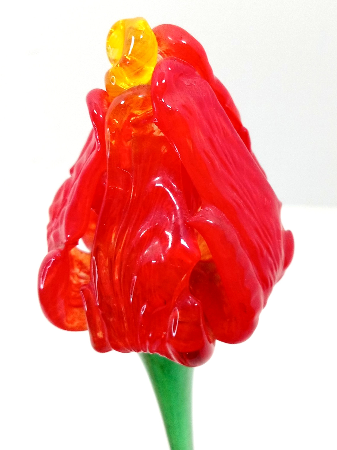 Vintage Blown Art Glass Long Stem Flower Red Bud Orange Center Ribbed Texture