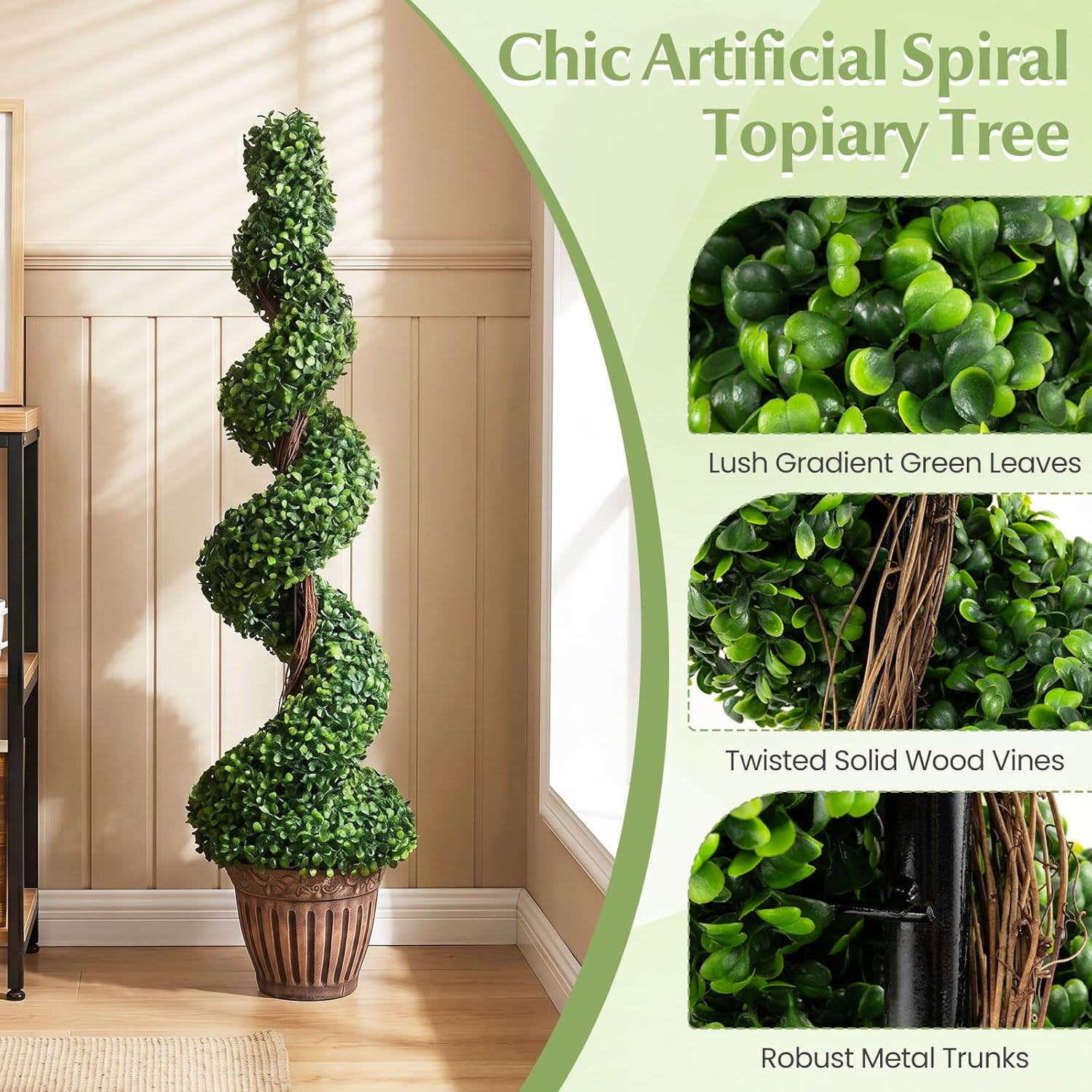 4 Ft Artificial Boxwood Spiral Topiary Tree, Fake Greenery Plants, Leaves & Ceme