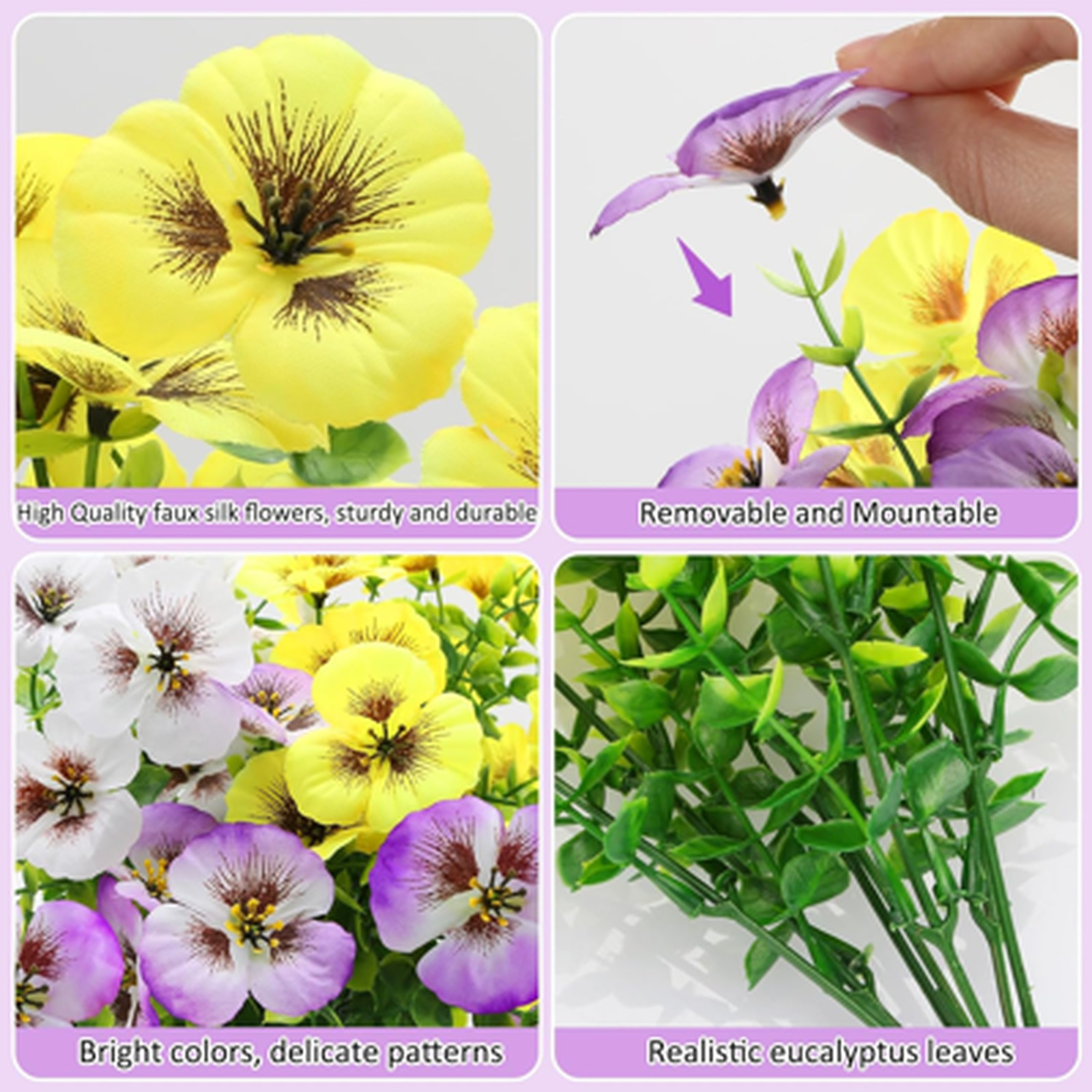 Artificial Flowers Pansies with Eucalyptus UV Resistant Fake Plants for Indoor