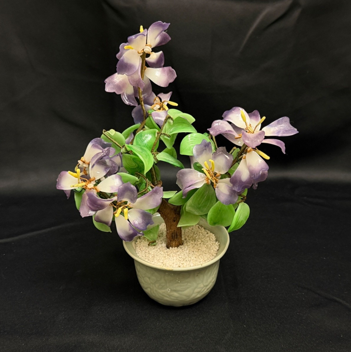 Vintage Jade & Glass Handmade Bonsai Tree Purple & White Flowers 11”