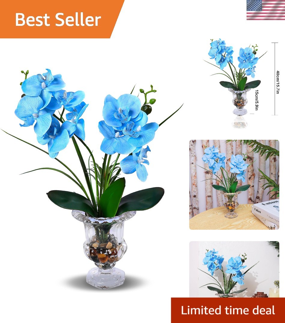 Elegant Artificial Blue Orchid in Weighted Glass Vase – 14.5 Inch Centerpiece