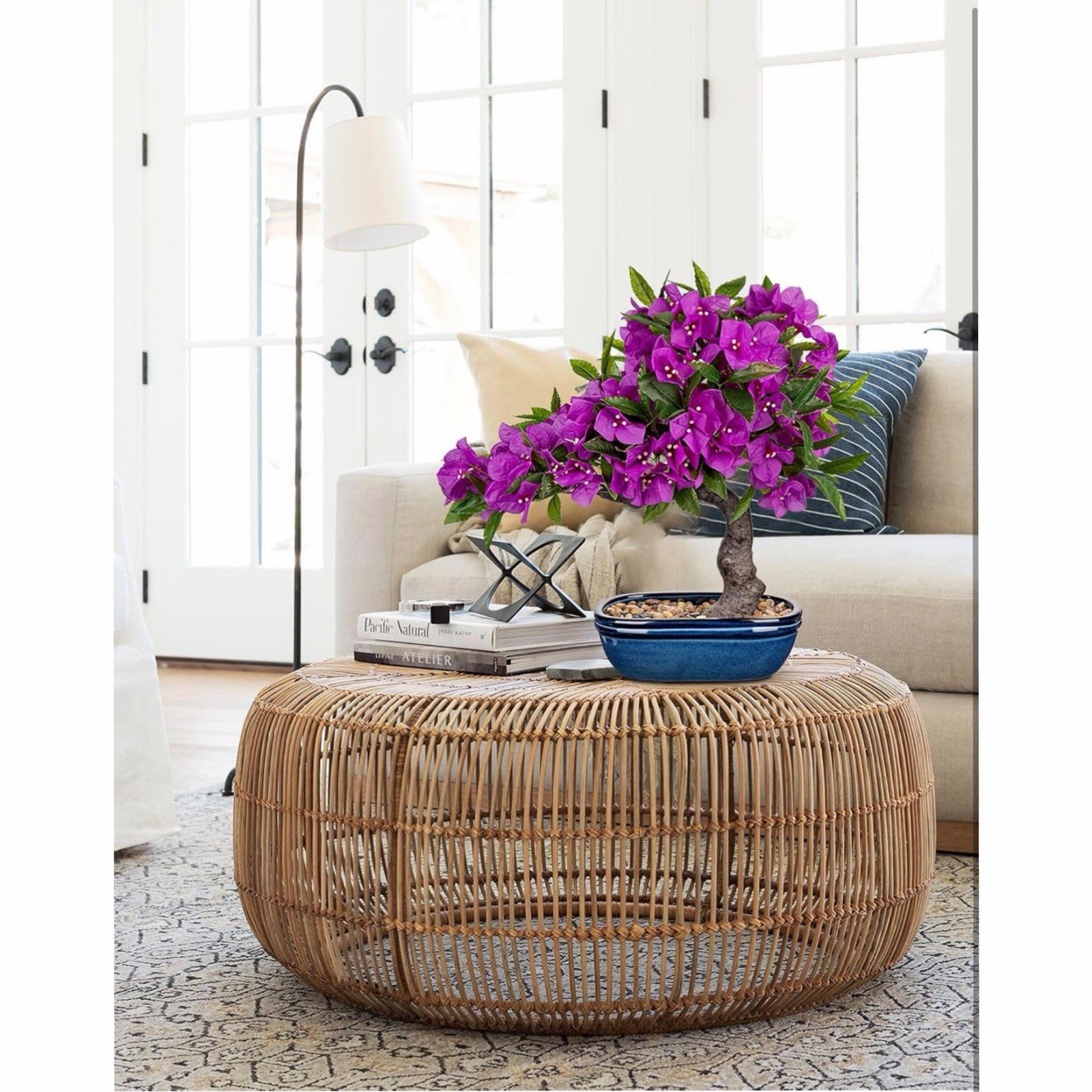 18.5” Purple Bougainvillea Bonsai Tree Blue Pot Artificial Silk Plant Decor