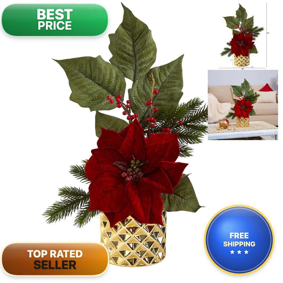 Nearly Natural 21in Poinsettia Berries Pine Artificial Arrangement Gold Vase