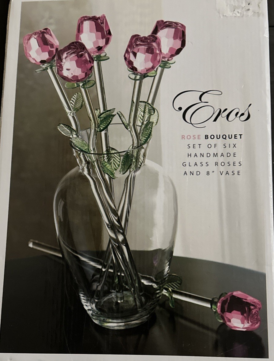 Eros (6) Bouquet Handmade Glass Roses in 8″ Vase Arrangement