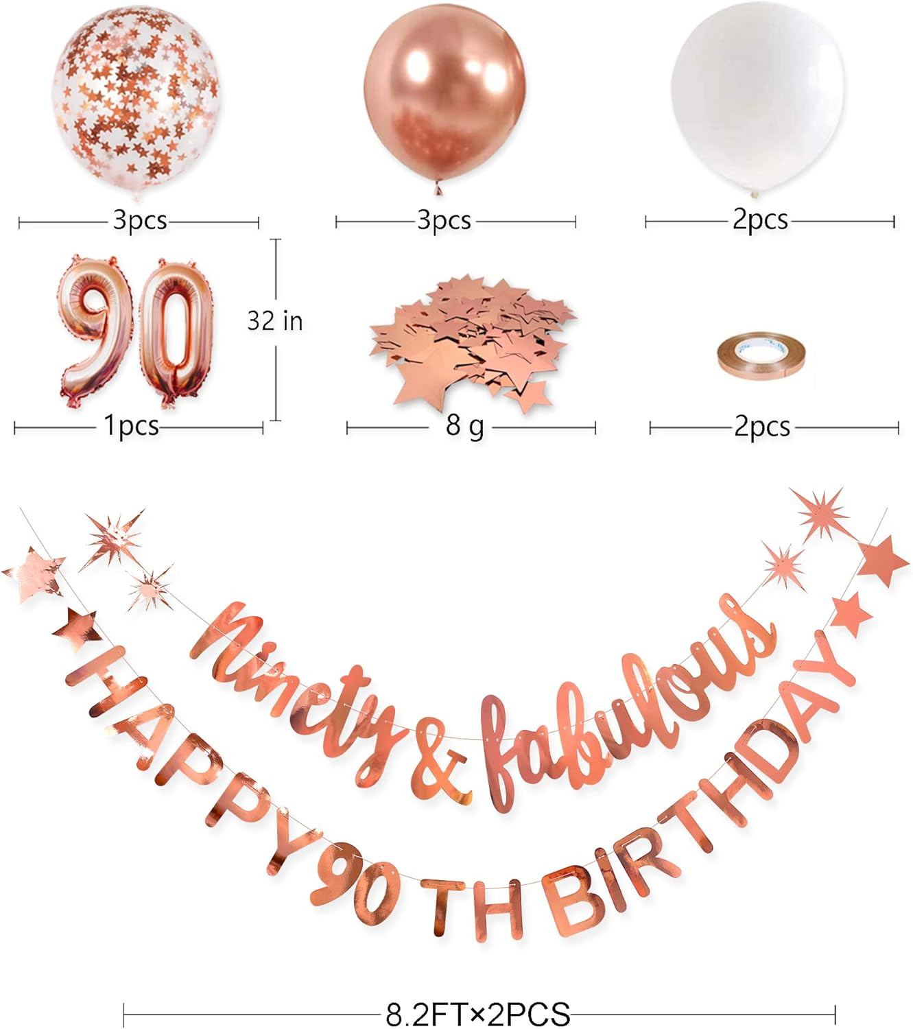 Rose Gold Ninety & Fabulous Happy 90Th Birthday Banner Garland Foil Balloon 90 f