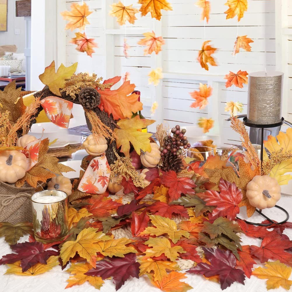 500PCS Multicolored Artificial Maple Leaves – Fall Silk Decorations for Wedding,
