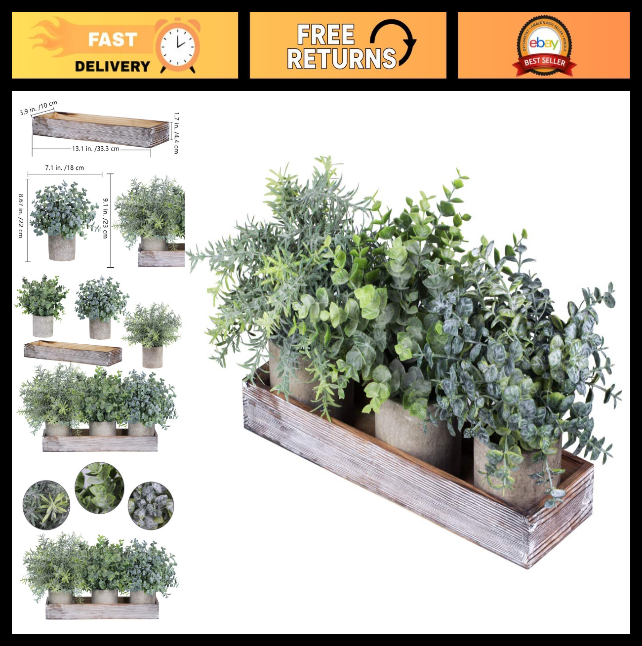 Set of 3 Mini Faux Eucalyptus & Rosemary Plants in Wood Planter Box – Indoor Gre