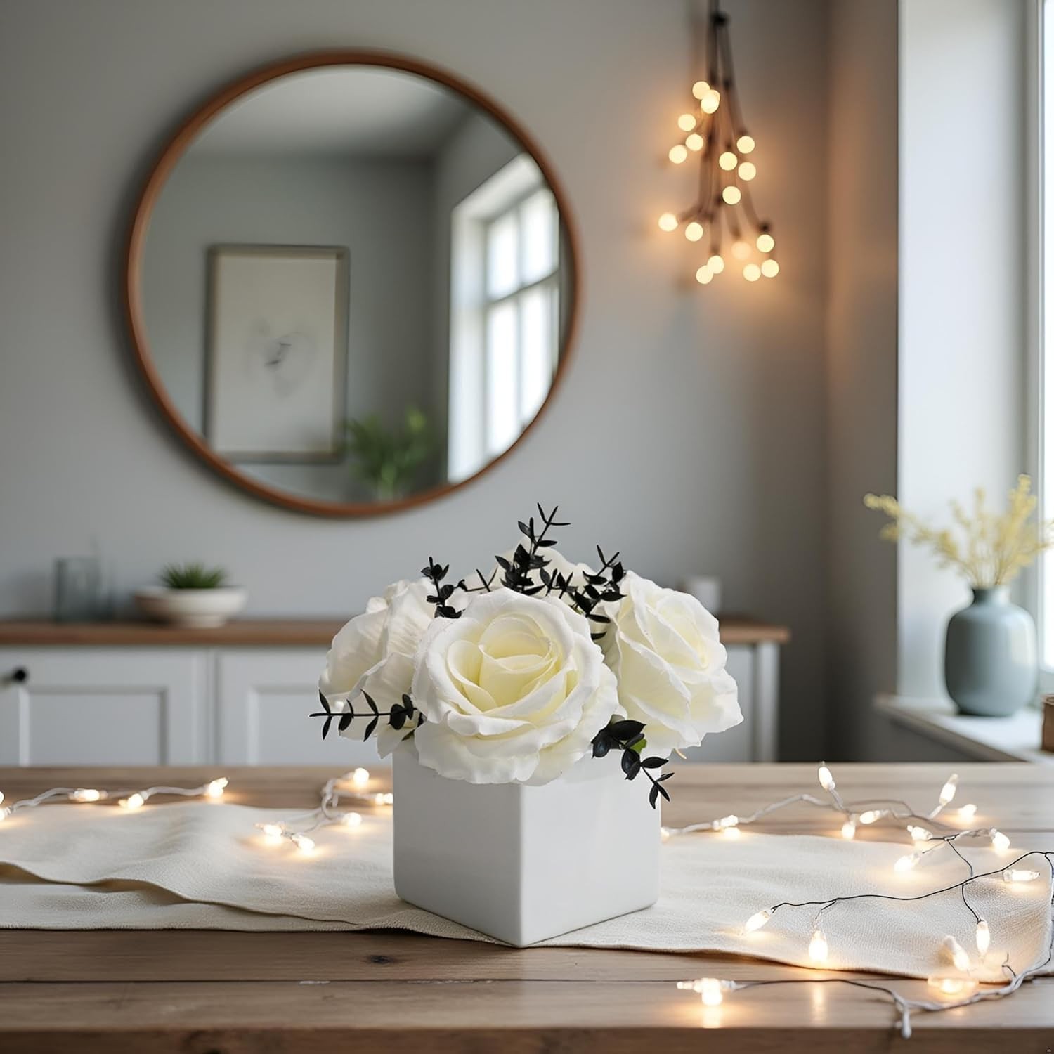 White Rose Artificial Flowers Vase Black Eucalyptus Faux Floral Modern Decor