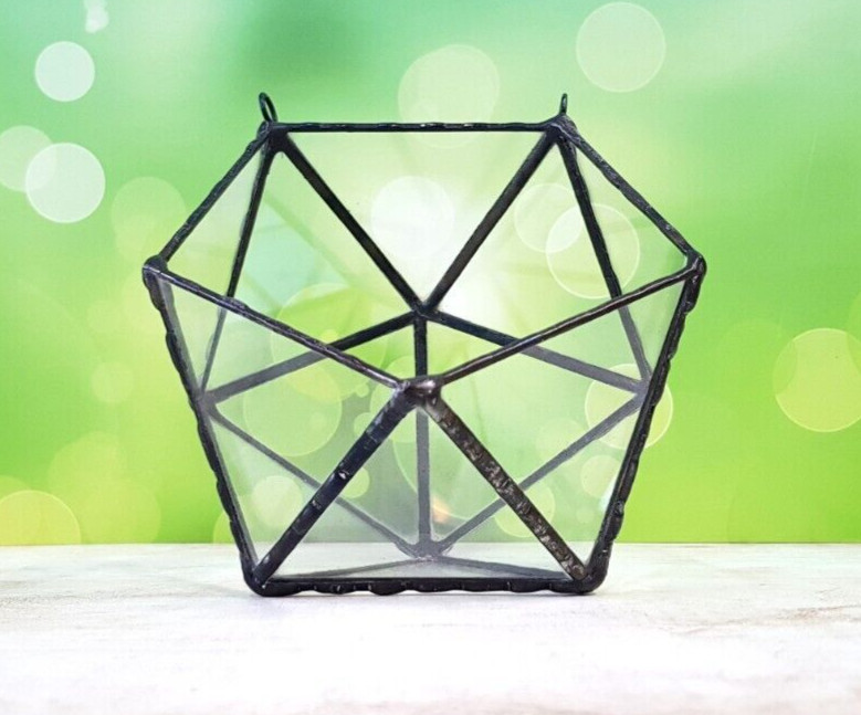 Stained Glass Terrarium Wall Hanging Black Frame Transparent, Planter For Indoor