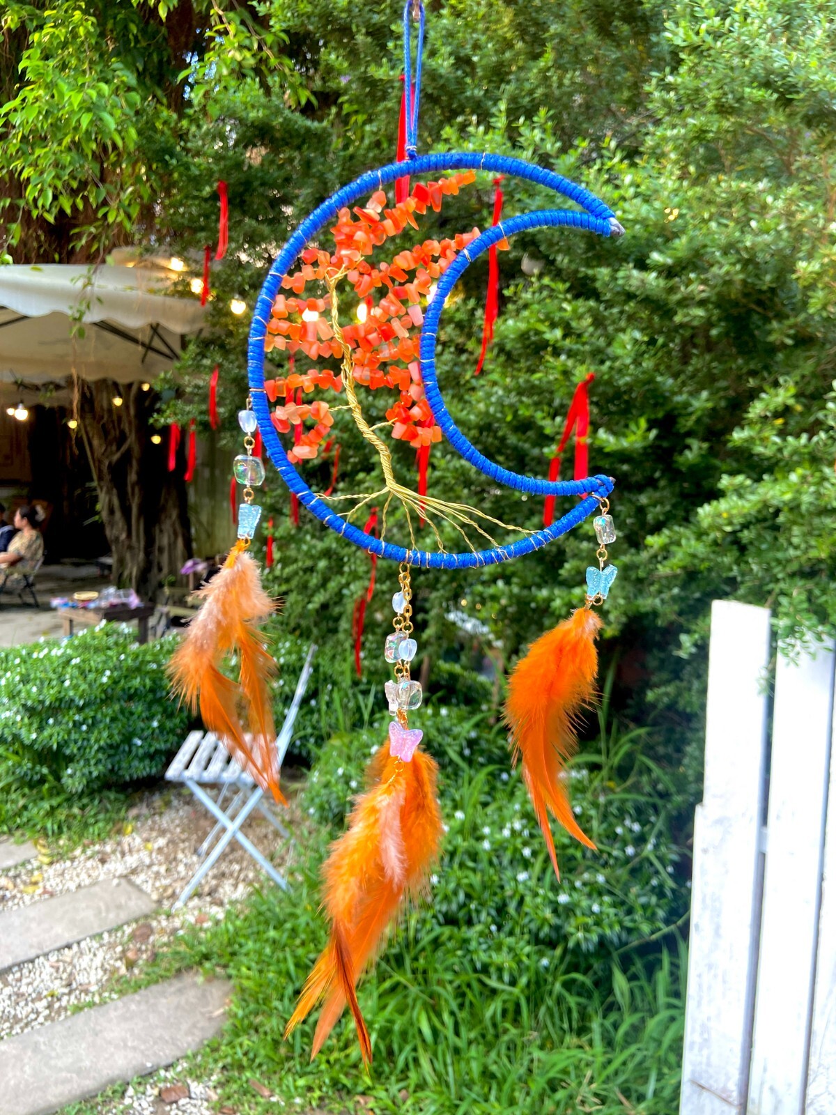 Mystical Blue Moon Dream Catcher with Tree Motifs and Delicate Stone Details
