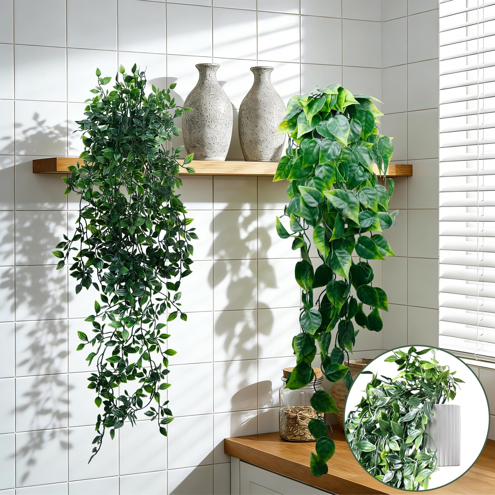 Artificial Hanging Plants for Shelf, 2-Pack Fake Potted Greenery Faux Mandala…