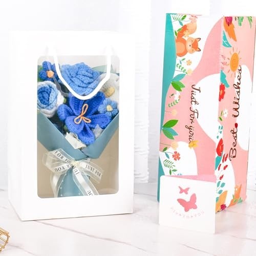 Handmade Crochet Flower Bouquet – Blue Floral Gift Set with Box, Bag & Card