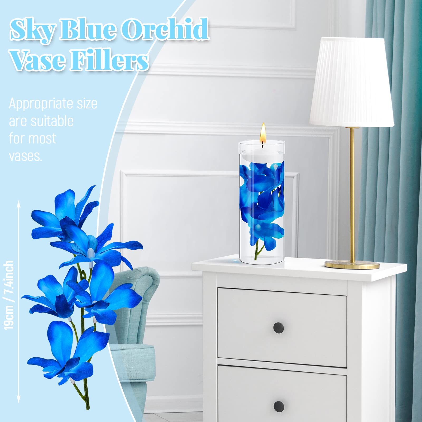 24 PCS Orchid Faux Flowers Floating Candles Centerpiece Vase Sky Blue New
