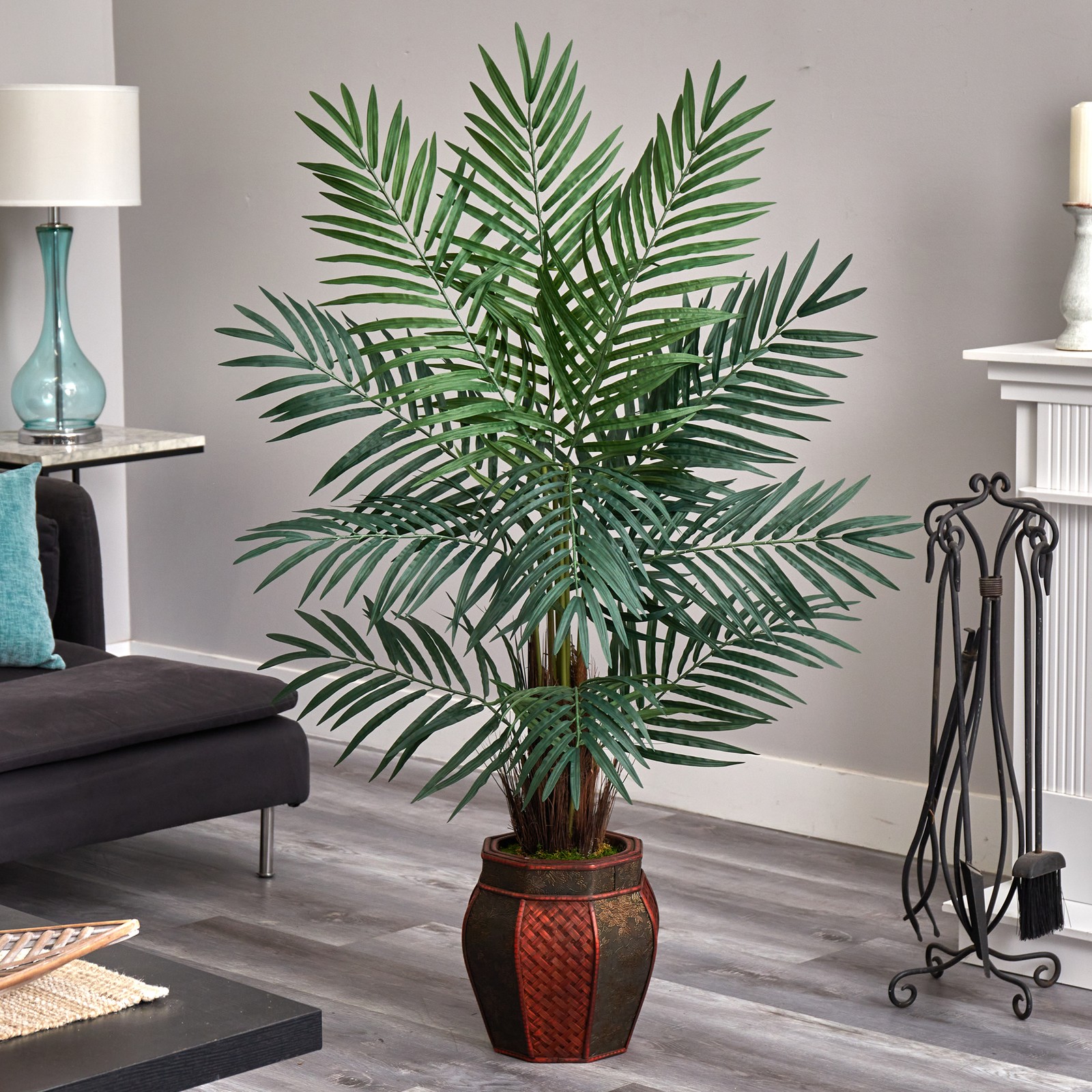 Nearly Natural 5ft Areca Palm Artificial Tree in Weave Planter in Green