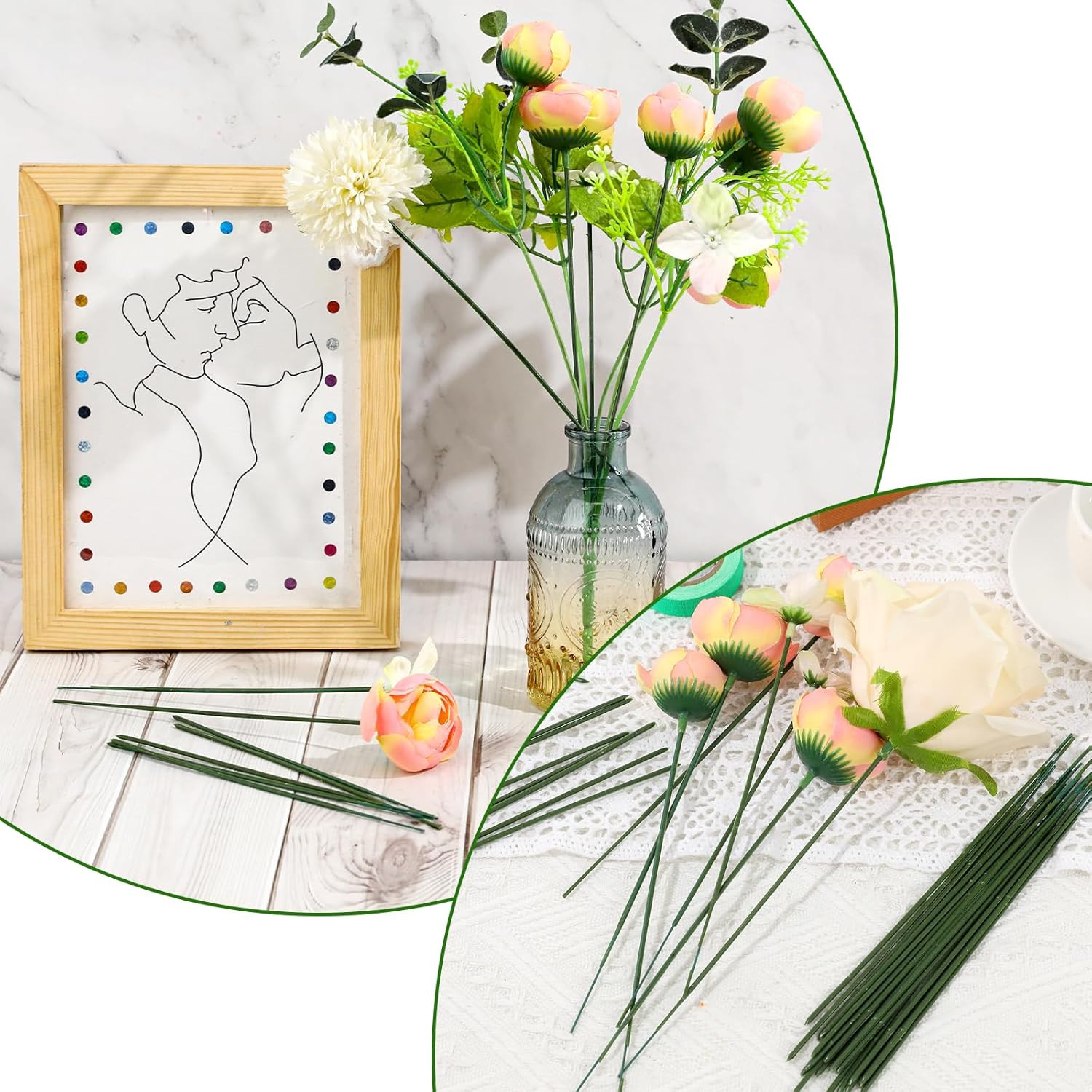 100 Pcs Green Flower Sticks 6.7Inch/10Inch Plastic Floral Stem Artificial Floral