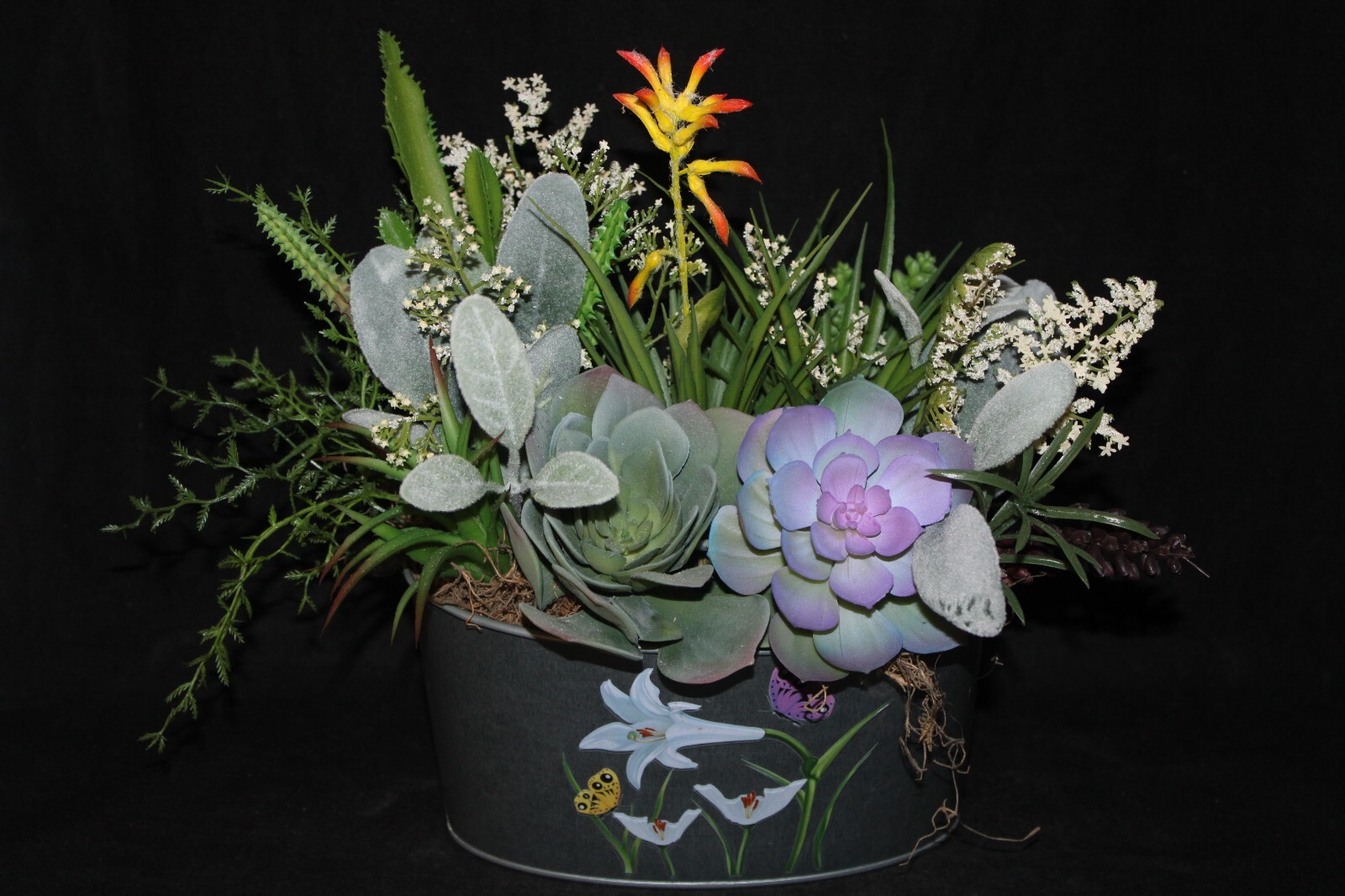 Mixed Artificial Succulent Arrangement in Garden Metal Planter