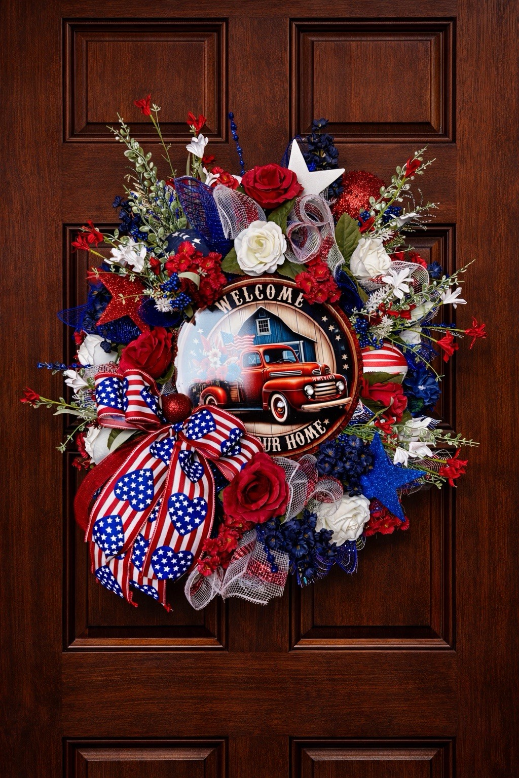 Patriotic Wreath 4th Of July Door Decor Red White Blue Truck Welcome To Our Home