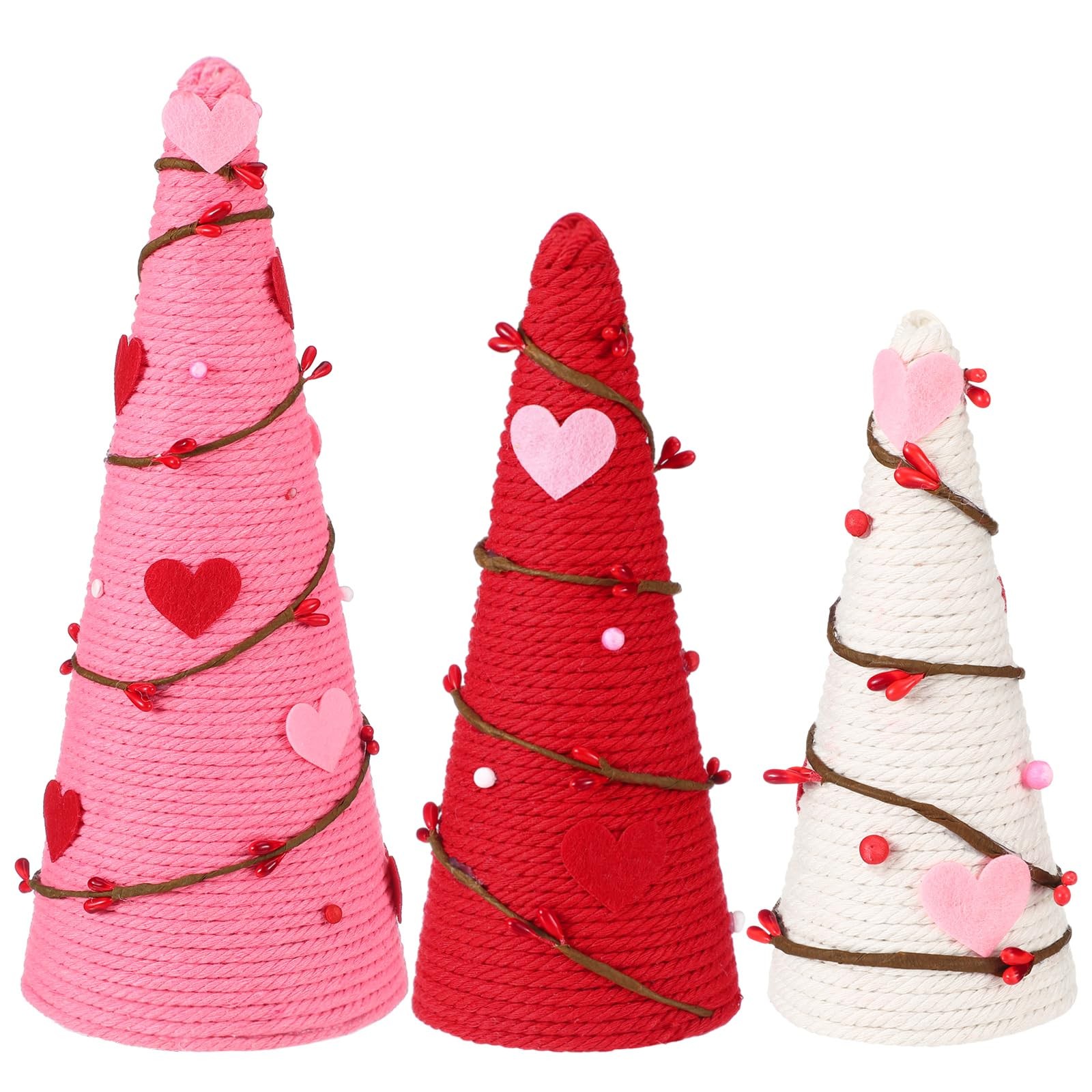 3 PCS Valentine Tree Table Decor Artificial Cone Heart Red Pink White