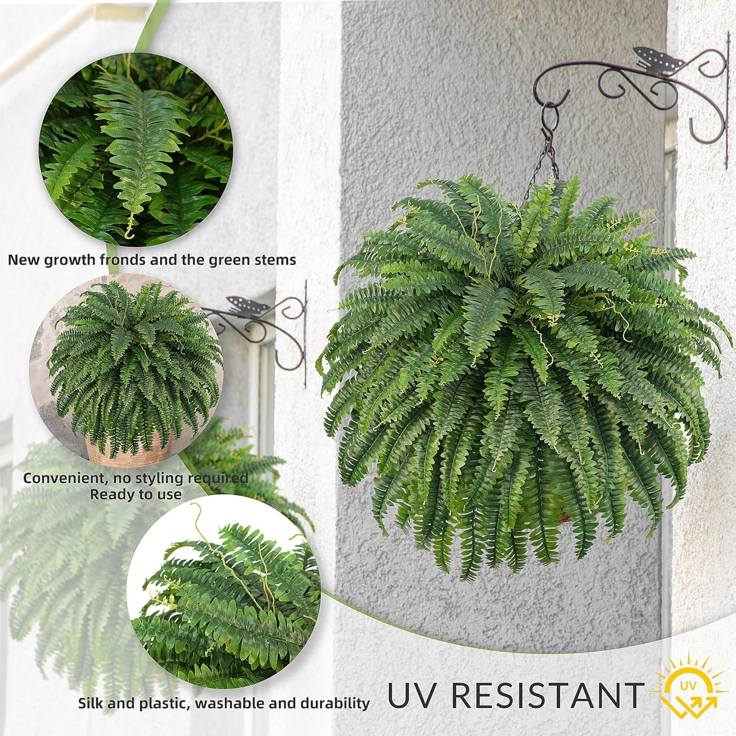 50″ Artificial Boston Ferns, Fake Bush Plants, Large Faux Ferns with 96 Fronds f