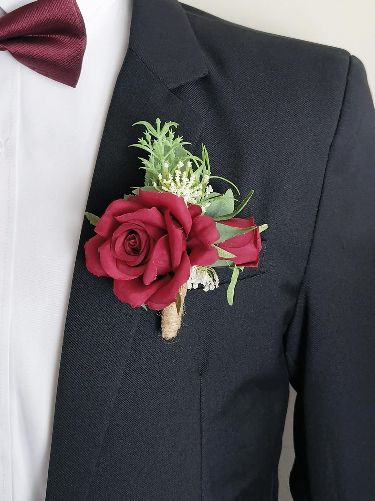 Burgundy 2 PCS Wrist Corsage and Boutonniere Set Artificial Rose Groom