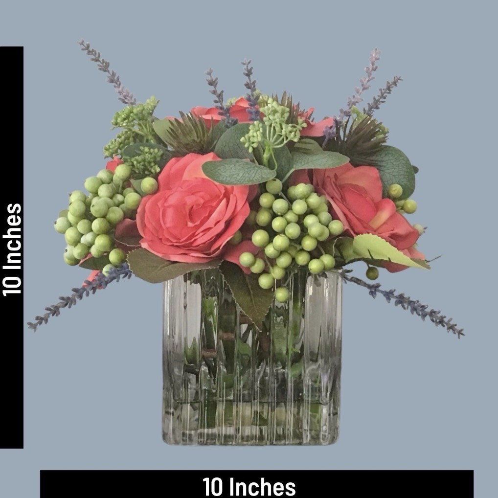 Custom Designed Faux Floral Arrangement Glass Vase With Faux Water