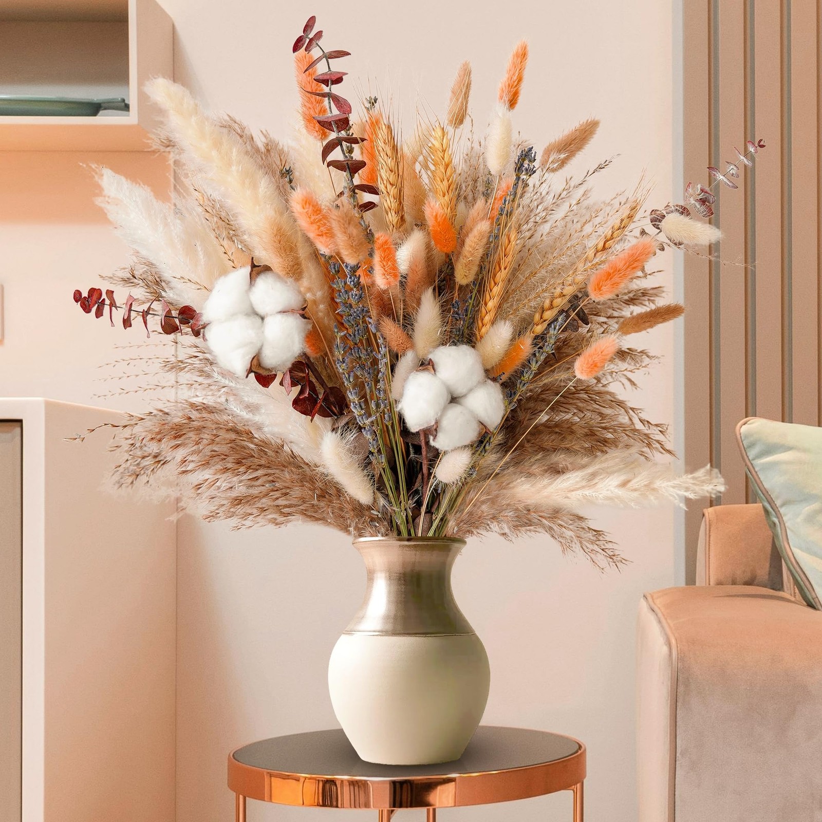 Fall Dried Flower Bouquet – Boho Fall Decor with Pampas Grass, Cotton, and Or…