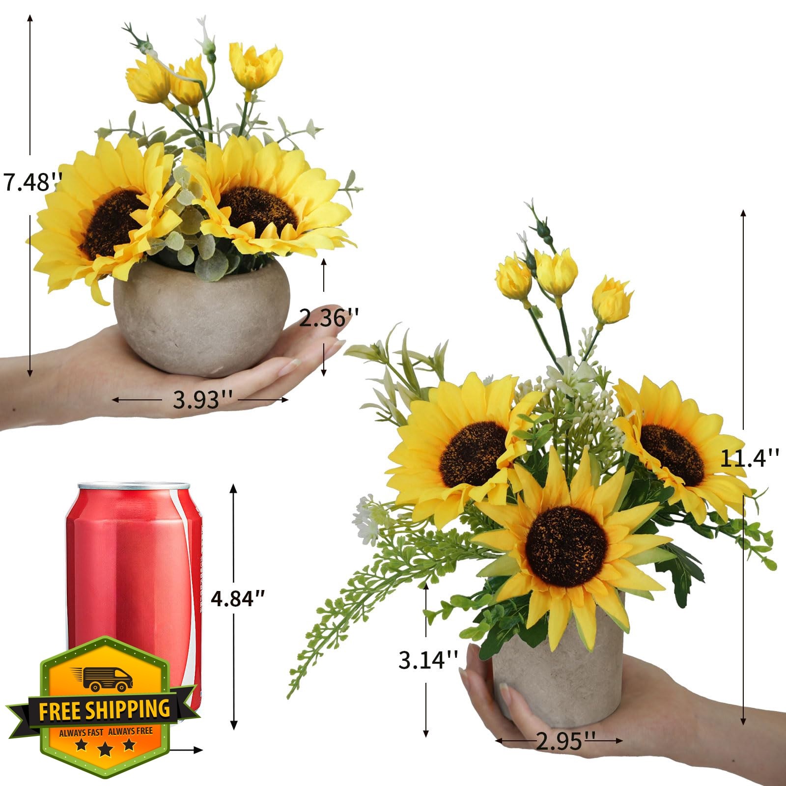 Leftover Sunflower Pot Artificial Flowers 7.48”+11.4” Yellow