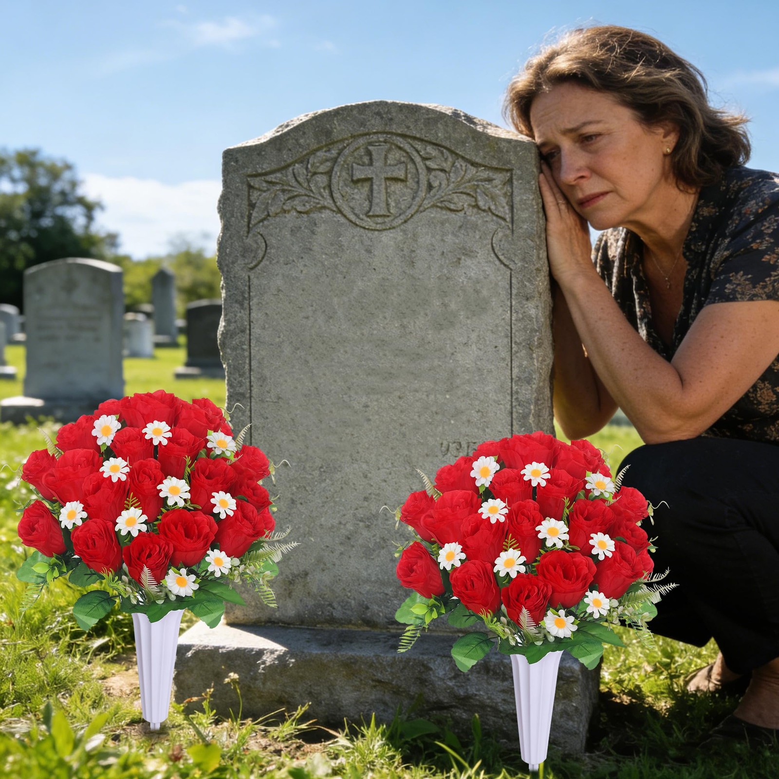 Artificial Cemetery Flowers Red Roses 2 Bouquets 2 Vases Memorial Set