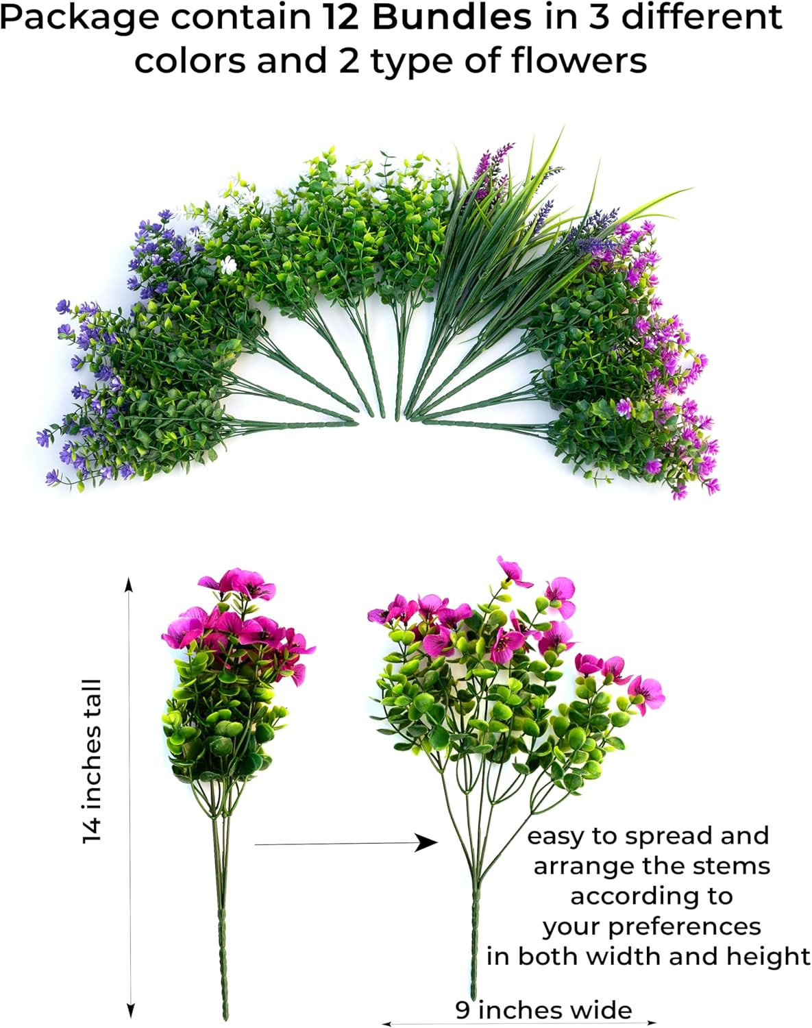 Artificial Flowers Outdoor Fake Plants – Mixed, 3 Colors Magenta Purple White