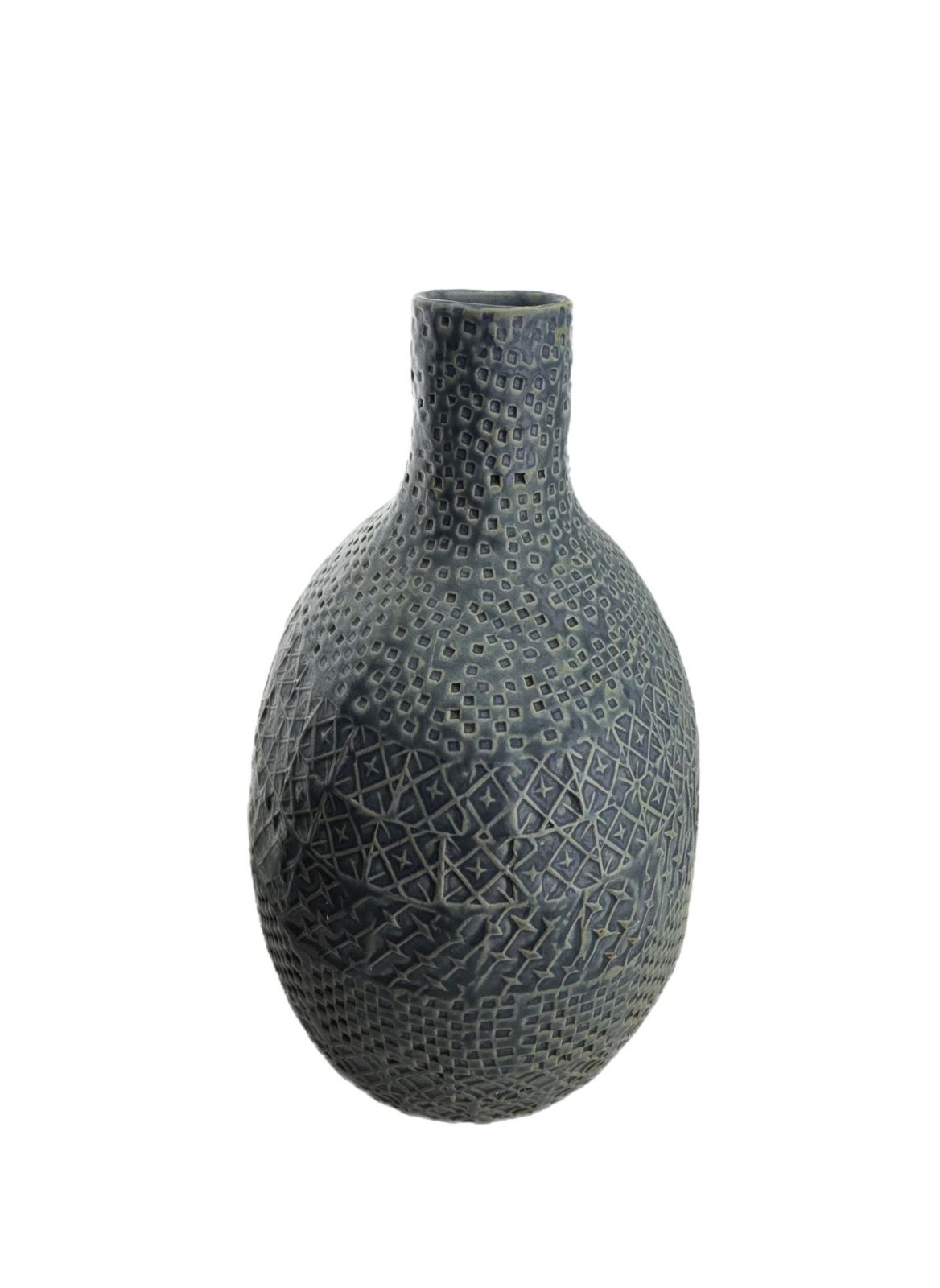 Textured Ceramic Vase w/ Intricate Geometric Patterns 10″ Tall Green Finish Deco